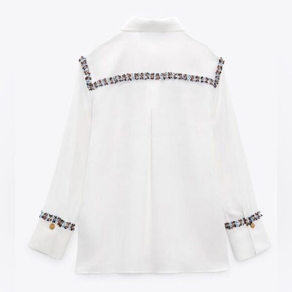 Zara Combination Textured Tweed Trim Chiffon Button Down Shirt in White size S - Picture 7 of 16